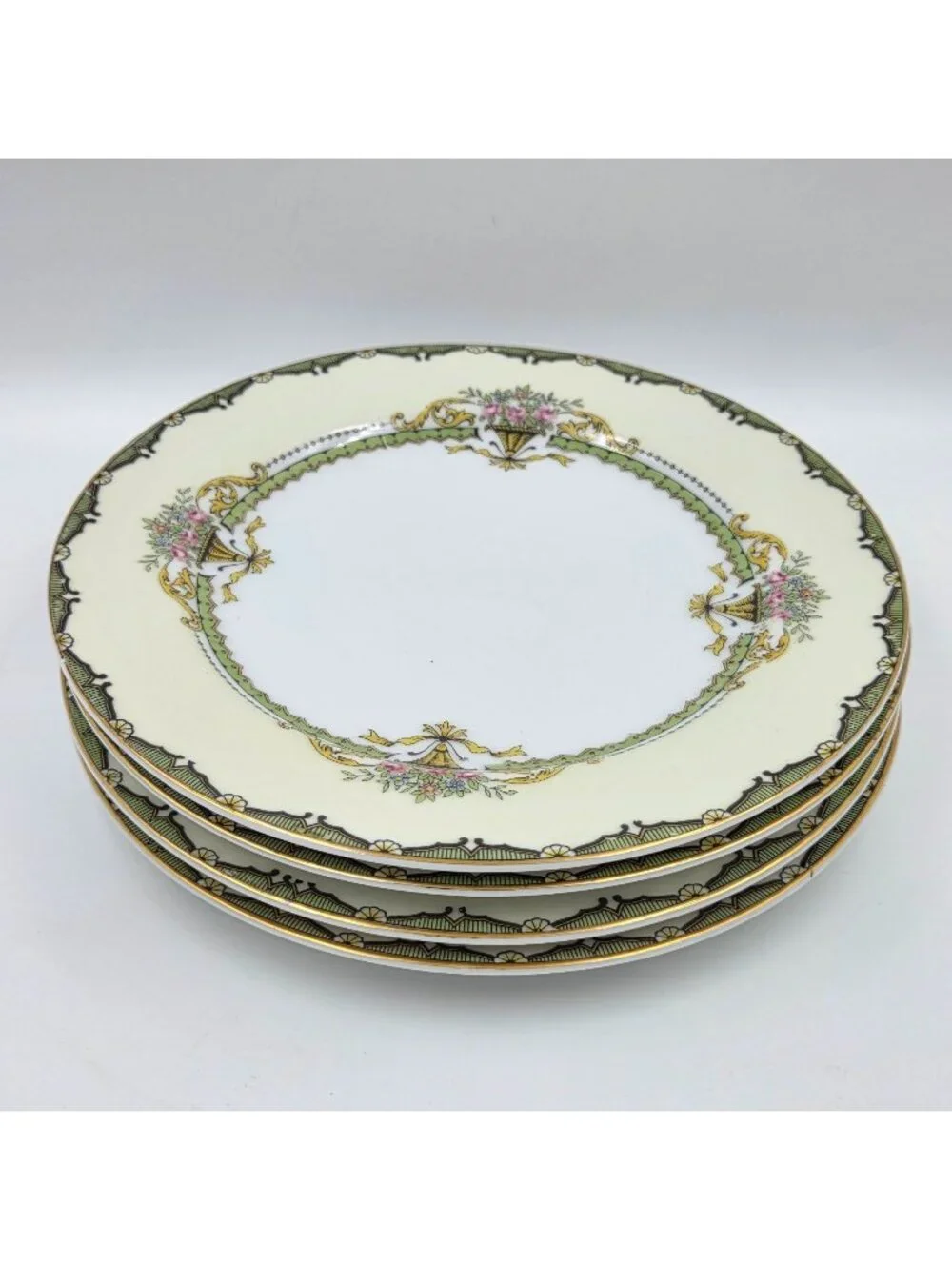 Noritake Penelope Set of 4 Salad Plates Green Border Pink Roses Urn Gold Trim